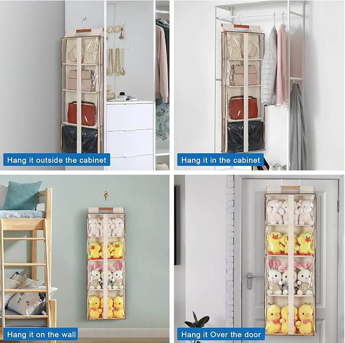 Clear Hanging Handbag Storage Organizer with Zippers, Easy Access Purse,Toy,Yarn,Hat Storage Over The Door Purse Organizer Space Saving 4 Pockets for Closet Bedroom Living Room (Beige)
