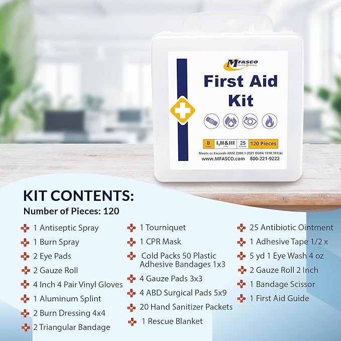 MFASCO 2021 ANSI/OSHA Approved Class B First Aid Kit Type I, II or III 129 pcs, Great for Offices, Shops - Wall-Mounted or Carried, Convienient - in Durable Plastic Box 9 1/2 x 9 1/2 x 3, USA Made