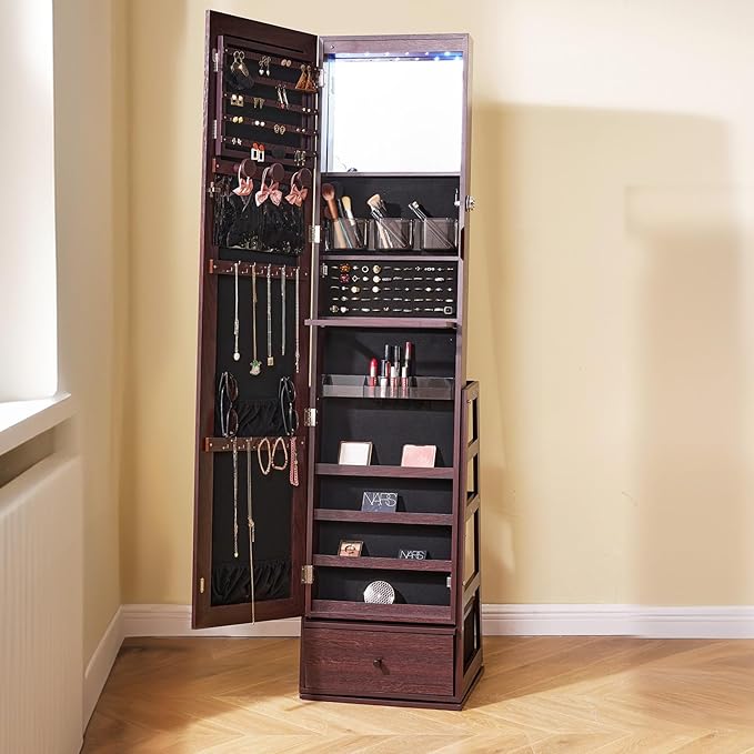 VEVOR 360° Swivel Jewelry Cabinet Armoire, 63-Inch Tall Lockable Jewelry Organizer with Full-Length Mirror, LED Light, Velvet Lining, Drawer, Freestanding, Brown