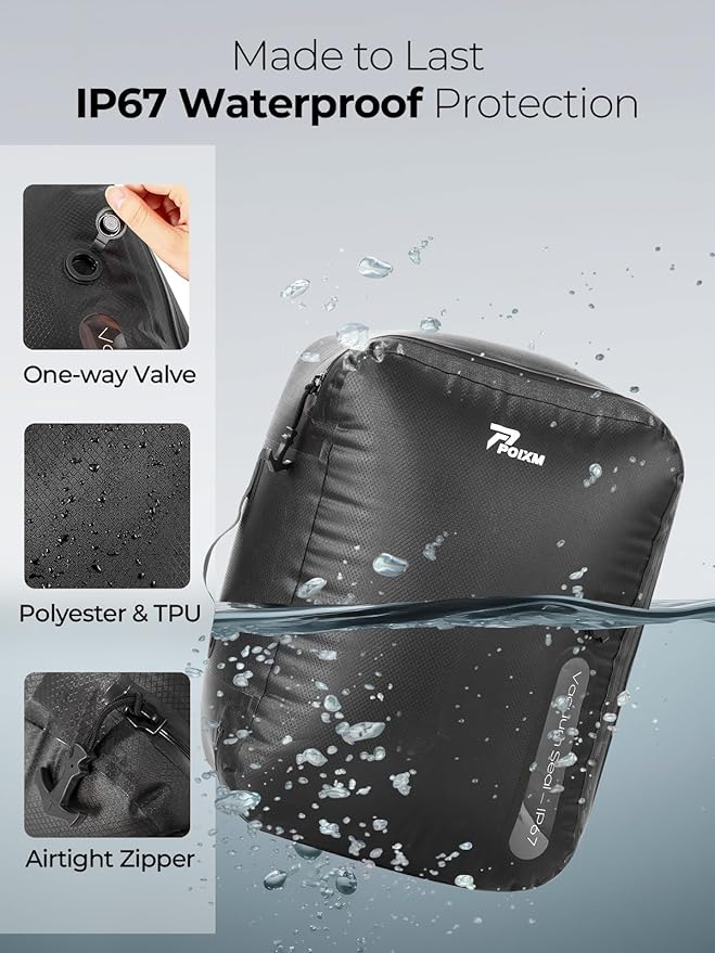 Vacuum Bags for Travel with Wireless Pump, 180° Open Zipper, IP67 Waterproof, Reusable Space Saver Compression Bags for Home Storage, Backpack, Suitcase(3 Pack + Pump)