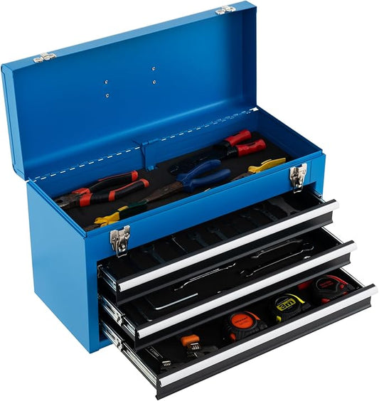 Metal Tool Box, 3-Drawer Tool Box with Carry Handle, 2 Latches & Liner, Portable Tool Chest Storage Box Organizer for Garage, Warehouse & Repair Shop (Blue)