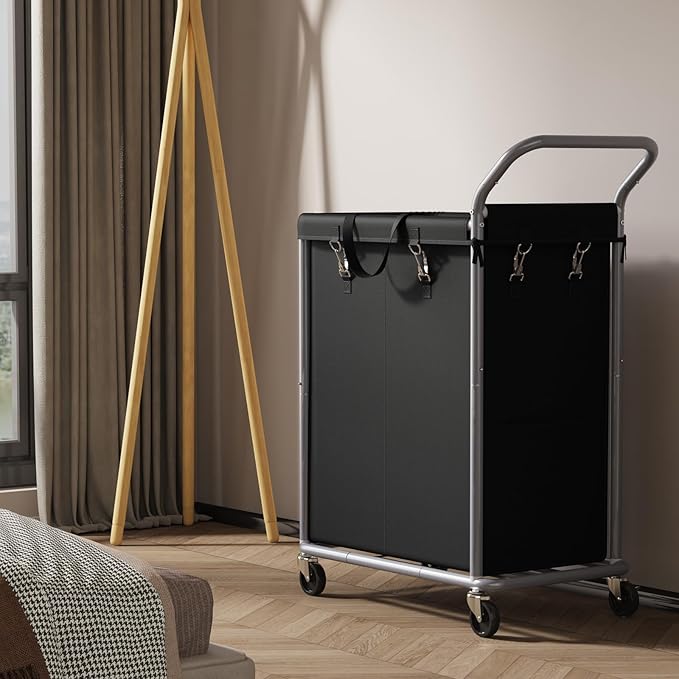Laundry Hamper 2 Section, Rolling Laundry Basket with Wheels, Laundry Cart with Removable Liner, 37 Gallons (140L) Clothes Hamper, Blanket Dirty Clothes Basket Steel Frame with Handle(Black)