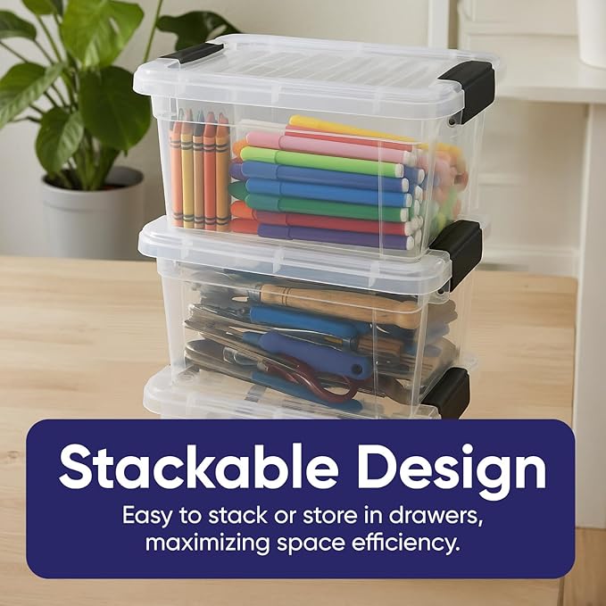 Superio Mini Storage Container Plastic Crayon Box Art Supplies and Sewing Case Stackable Clear Small Organizer for Beads, Stationery, Chalk, and Food, 1.4 Quart, 6 Pack