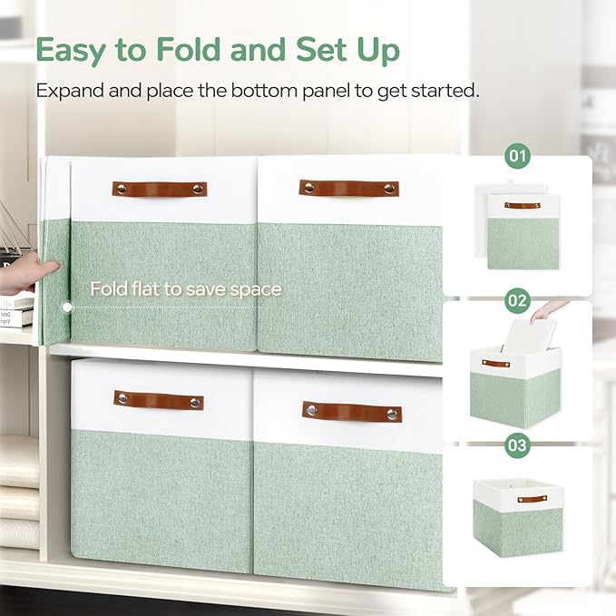 13x13 Storage Cubes 6-Pack, Large Foldable Fabric Cube Storage Bin with Reinforced Bottom and Labels, Organizer Baskets for Shelves, Closets(White/Green)