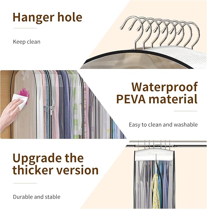 Upgraded Thickened Clear Garment Bags for Hanging Clothes 4 Packs, 10“ Gusseted Clothes Hanging Storage Bags for Closet, Shirts, Coats, Dresses (60 inch)