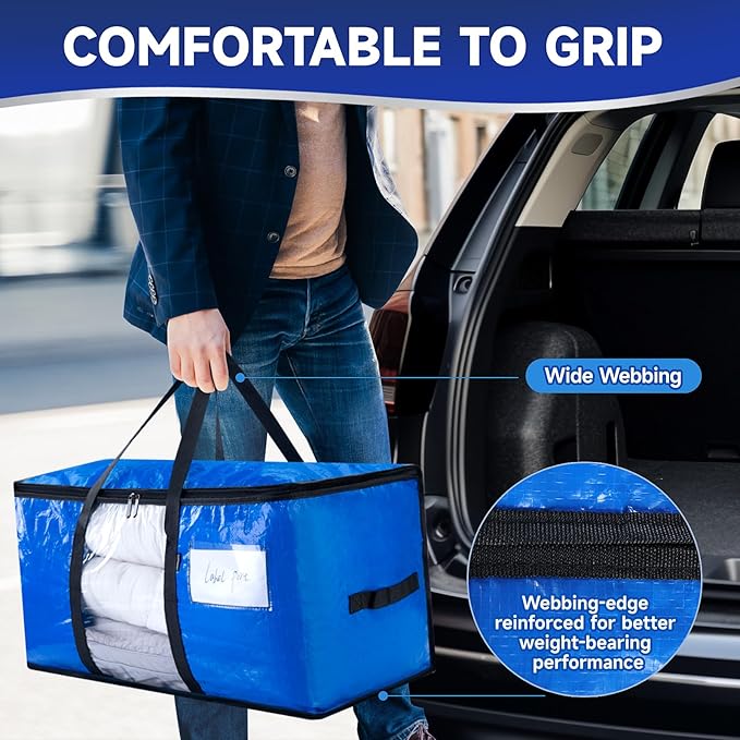CONGREGATE 8-Pack Heavy Duty Blue Moving Bags with Zippers and Handles, Heavy Duty Storage Handbags, PE Material, Window Design, 97 Liters / 25.6 Gallons (28.7 Inch x 13.7 Inch x 15 Inch)
