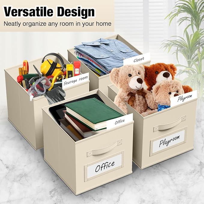 10 Pcs Fabric Storage Cubes with Labels 13 Inch Collapsible Cube Organizer Baskets with Window Cards for Shelf Nursery Clothes Book Toys Storage Bin(Beige)