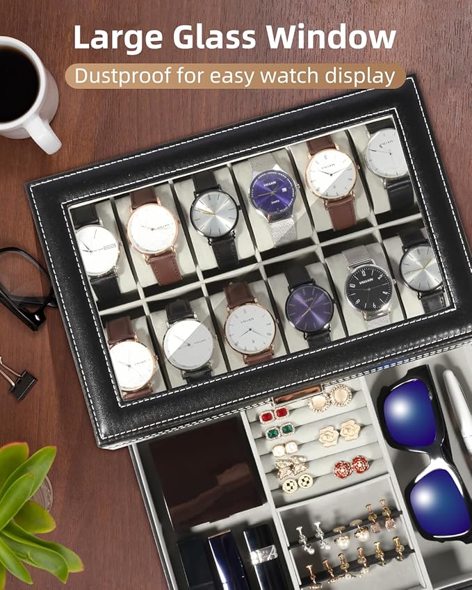 Uten Watch Box, 12 Slots PU Leather Watch Display Case with Jewelry Drawer, Removable Watch Pillow, Metal Clasp, Watch Box Organizer