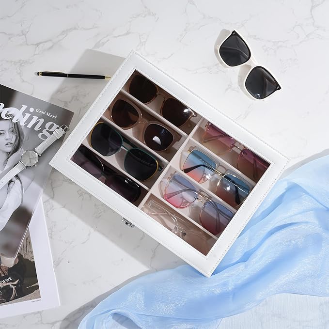 ProCase 8 Slots Sunglasses Organizer, 1 Layer Sunglass Case, Leather Eyeglass Cases for Display and Storage -White