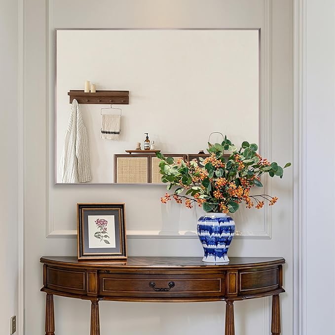 24x36 Inch Pewter Bathroom Mirror for Wall, Aluminum Frame Rectangle Rectangular Vanity Mirror, Modern Large for Bedroom, Living Room, Horizontal or Vertical