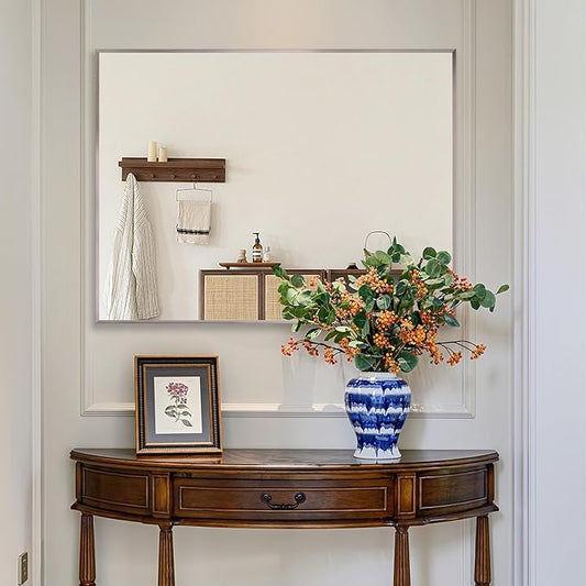 24x36 Inch Pewter Bathroom Mirror for Wall, Aluminum Frame Rectangle Rectangular Vanity Mirror, Modern Large for Bedroom, Living Room, Horizontal or Vertical