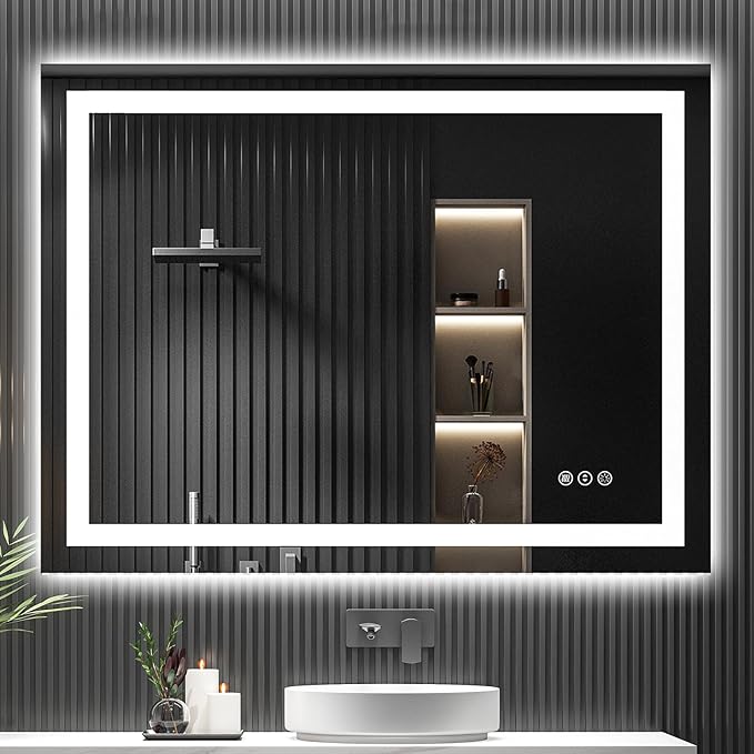 48x36 Inch LED Bathroom Mirror with Lights Front and Backlit Lighted Vanity Mirror for Bathroom Wall with 3 Colors Dimmable Anti-Fog Memory Shatter-Proof IP54 Waterproof Horizontal/Vertical