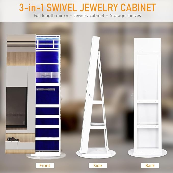 LVSOMT 360° Swivel Jewelry Mirror Cabinet with Lights, Standing Jewelry Armoire Organizer, 63" Rotatable Full-Length Mirror with Jewelry Storage, Lockable with Back Storage Shelve, White