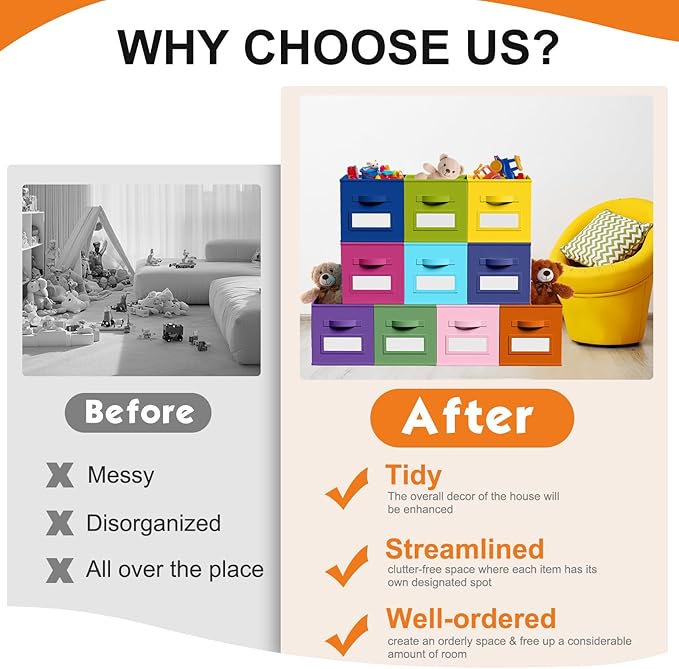 10 Pcs Fabric Storage Cubes with Labels 13 Inch Collapsible Cube Organizer Baskets with Window Cards for Shelf Nursery Clothes Book Toys Storage Bin(Candy)