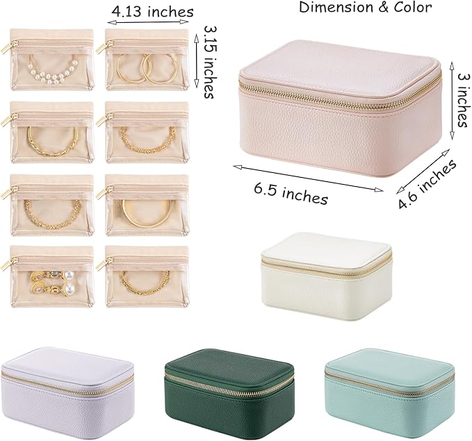 Vlando Travel Jewelry Box Organizer - 8 Small Velvet Zipped Pouches Pockets for Jewelries Necklaces Rings Earrings Sorting Storage, Offwhite