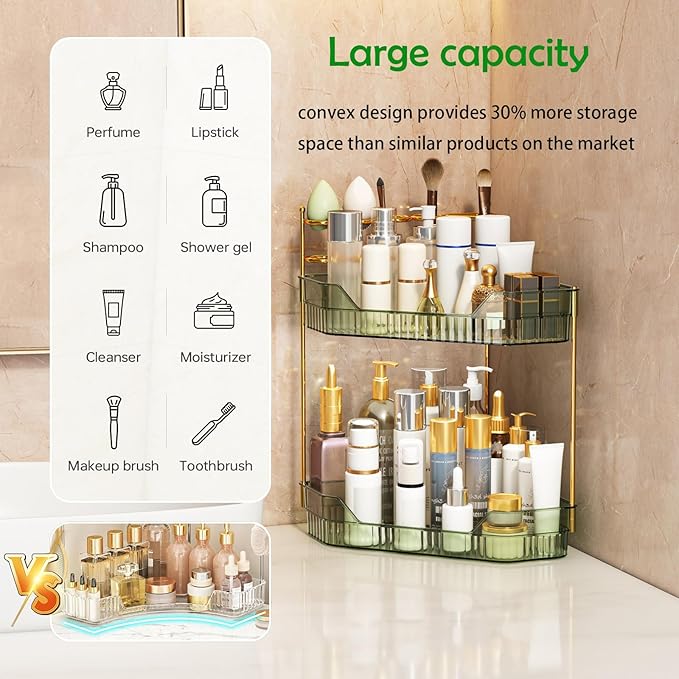 Corner Bathroom Counter Organizer with Makeup Brush Holder & Toothbrush Holders, Makeup Organizer for Vanity Countertop, Acrylic Skincare Storage Shelf (Green, 2-Tier)