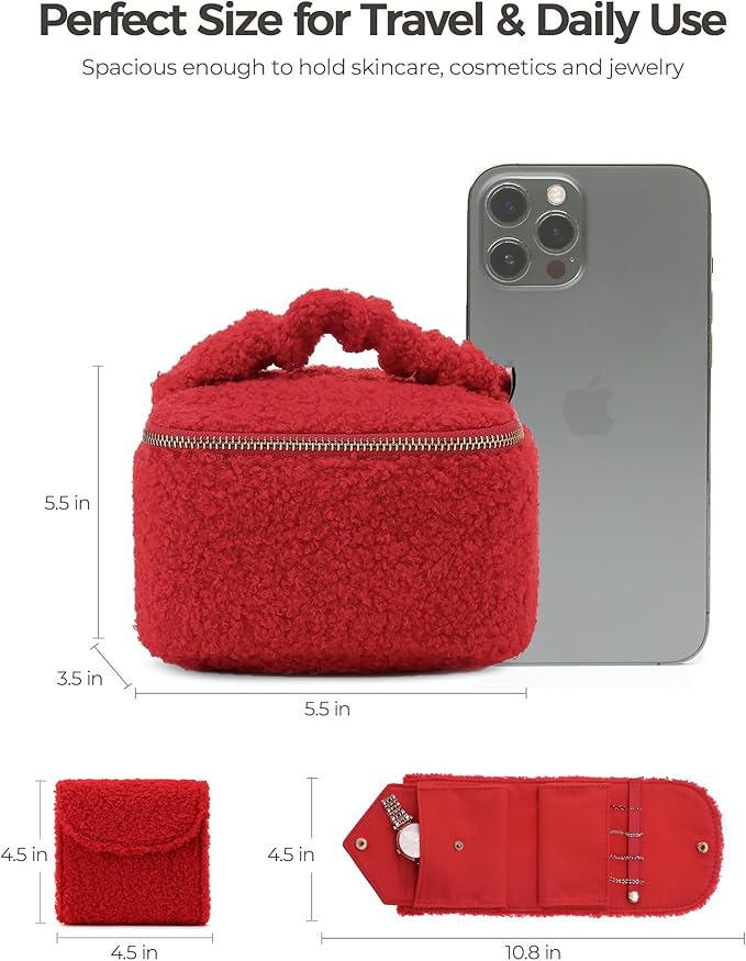 Travel Jewelry Case, 2-In-1 Small Jewelry Organizer Travel Jewelry Storage with Foldable Jewelry Roll for Earrings Rings Makeup, Travel Essentials Gifts for Women Girl, Carmine