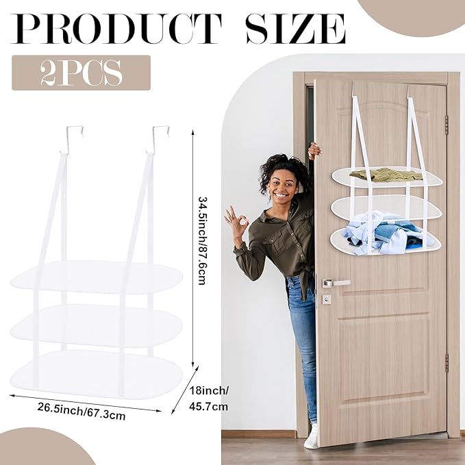 2 Pack 3 Tier Over The Door Folding Drying Rack Sweater Drying Rack 26.5" x 34.5" Flat Room Organization Dryer Racks for Laundry Perfect for Small Spaces Apartments Dorm Rooms and Bathrooms (White)