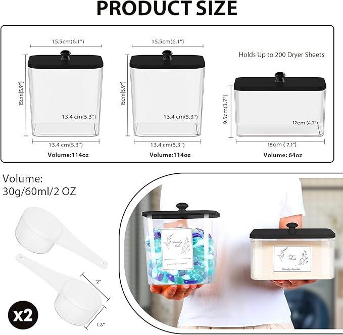 3 Pack Plastic Laundry Pods Container & Dryer Sheet Holder, Laundry Room Organization and Storage Jars with Lids, Scoops & Labels for Detergent, Powder, Scent Booster(Black Lid)