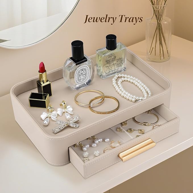 GORESE Valet Jewelry Tray Nightstand Organizer with Drawer, PU Leather Perfume Tray Trinket Trays for Vanity Bathroom Entryway, Catchall Trays for Key Purse Watch Cologne, Gift for Women Men, Beige