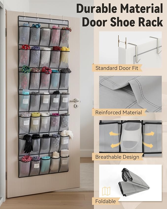 dodowin Over the Door Shoe Organizers, 2 Pack - 40 Deep Mesh Pockets Each, Over The Door Shoe Rack with 4 Metal Hooks Each, Space Saving Hanging Storage Holder for Closets, Shoes & Accessories, Gray
