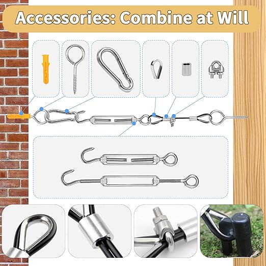 1/16" Black Wire Rope Kit 300FT 304 Stainless Steel Vinyl Coated with M5 Turnbuckles, 7x7 Strand Core Aircraft Cable for String Light, Picture Hanging, Clothesline, Curtain, and Plant Trellis