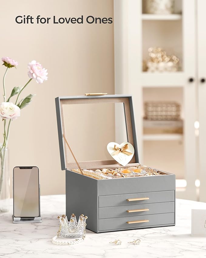 SONGMICS Jewelry Box Organizer with Glass Lid, 4-Layer Jewelry Storage, with 3 Drawers, Modern Style, 8 x 9.1 x 6.5 Inches, Dove Gray and Gold Color UJBC173G01
