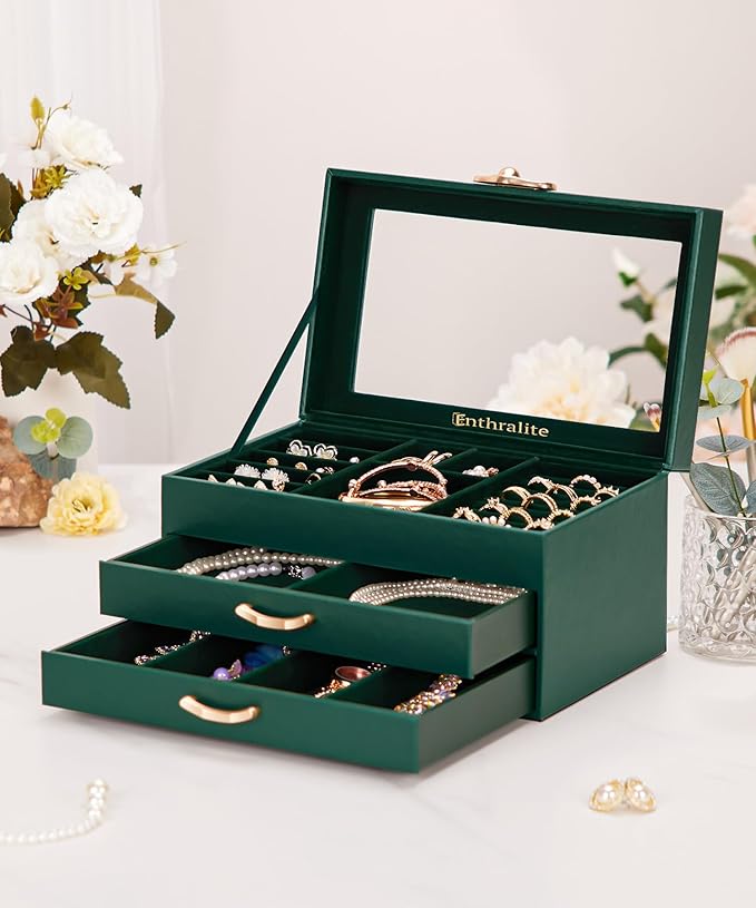 Jewelry Box with 2 Drawers: Display Organizer for Earrings Necklaces - Christmas Gifts for Girls Women (Forest Green)