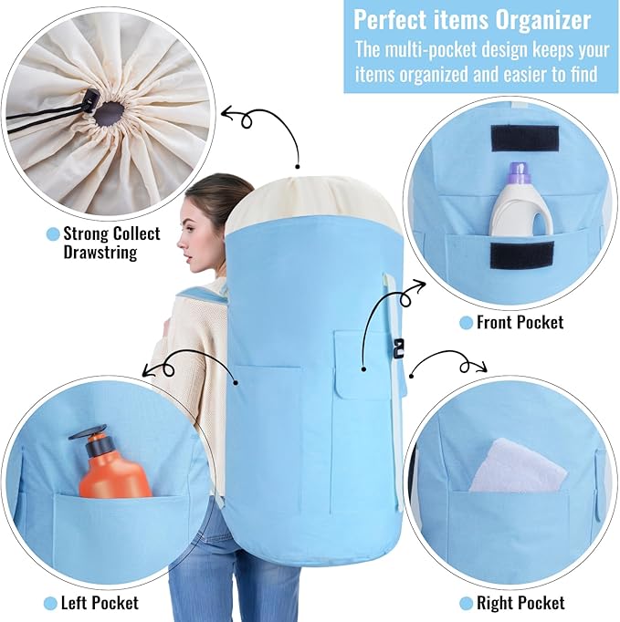 Laundry Bag Backpack, 125L Extra Large Laundry Backpack with Shoulder Straps, Adjustable Extendable Laundry Hamper Bag with 3 Pockets for College, Travel, Camping (Light Blue)