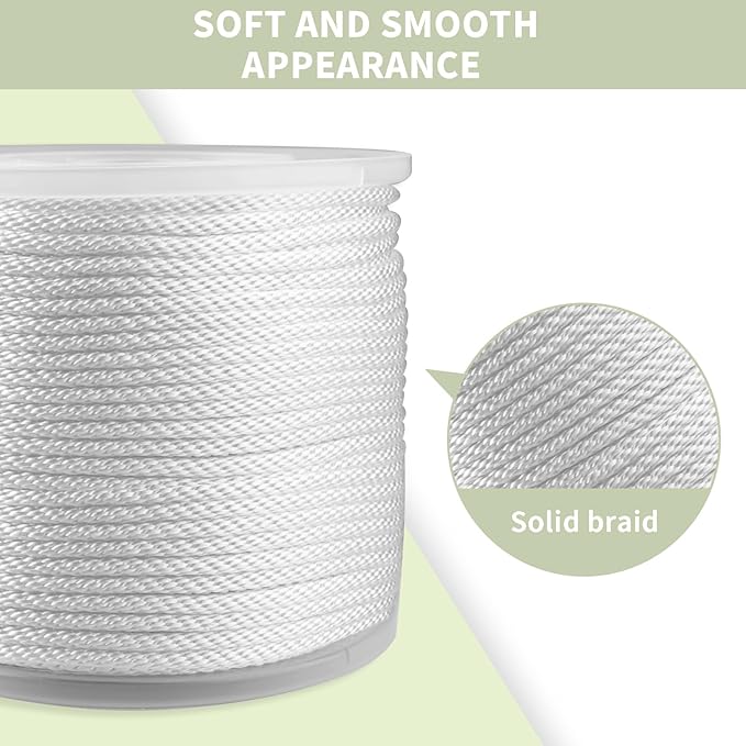 1/4 Inch 500ft White Nylon Solid Braid Rope | High UV & Abrasion Resistance | Industrial Grade, Low Stretch | Multipurpose for Flag Poles, Clotheslines