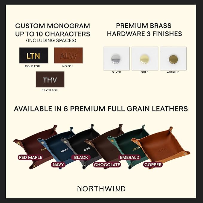Northwind Personalized Leather Valet Tray – Custom Engraved Full Grain Leather Catchall Tray for Men, Handmade in USA Desk Organizer & Groomsmen Gift, Perfect Storage for Nightstand, Dresser