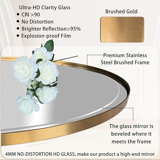 POZINO Brushed Gold Mirror, 20"x30" Brass Beveled Mirrors for Bathroom, Rounded Rectangle Mirror, Modern Vanity Wall Mirrors in Premium Stainless Steel Frame Hangs Horizontal Or Vertical