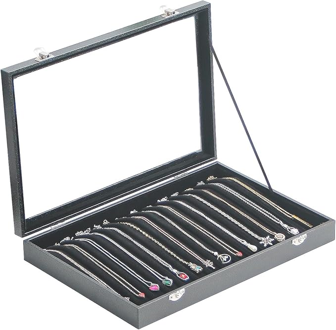 14 Hooks Necklace Storage Tray, Velvet Neckalce Organizer Box with Clear Lid, Pendant Chain Necklace Jewelry Organizer Drawer Tray for Women Girls (Black)