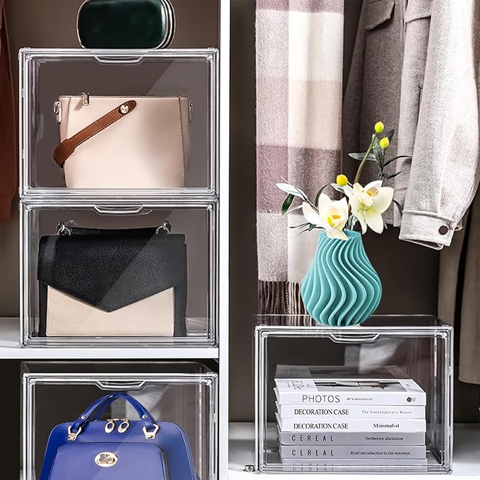 DILIBRA 4 Packs Clear Plastic Handbag Storage Organizer for Closet, Acrylic Display Box for Handbag, Stackable Storage Boxes Bag Organizer with Magnetic Door for Purse Clutch Wallet Book Toys