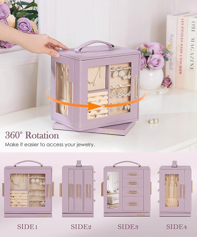 Homde Valentine's Day gifts Jewelry Box 360° Rotating, Necklace Earring Organizer with Transparent Window, Mirror, 7 Drawers, Large Ring Display Storage Case for Girls Women (Grey Purple)