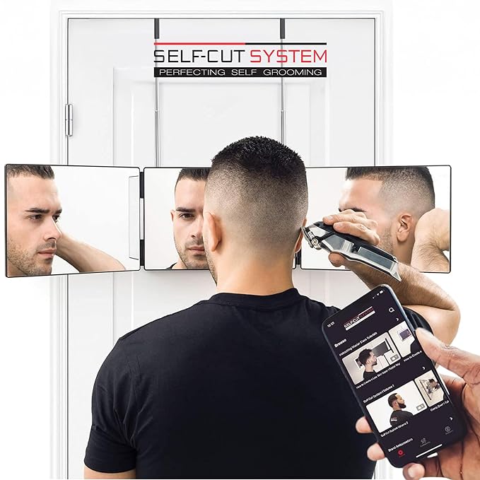 Self-Cut System 3 Way Barber Mirror with Height Adjustable Hooks, 360 Trifold Self Cut Mirror for Haircuts for Men and Women, Travel-Friendly, Three-Way Design for Easy Grooming & Styling