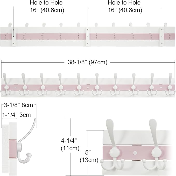 SKOLOO Coastal Coat Rack Wall Mount-38.12" Beach House Entryway Wooden Coat Hook with 10 Hooks for Hanging Coats, Hats or Towels, Oceanfront Cottage Core Collection, White & Palm Beach Pink, Pack of 2