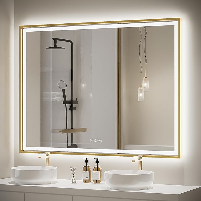 48X36 Inch Led Mirror for Bathroom with Front Light and Backlit,Gold Metal Frame Vanity Lighted Mirror for Wall,Double Lights Strips,Anti Fog Stepless 3 Colors Temperature & Dimmable