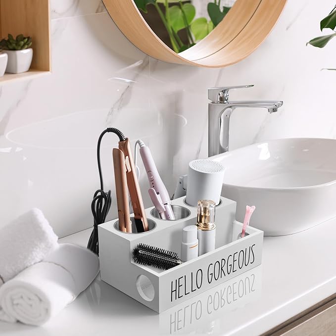 Bivvclaz Hair Tool Organizer, Wooden Hair Dryer Holder Countertop, Wall Mount Hot Tools Organizer for Hair Styling Accessories, Bathroom Supplies Vanity Caddy for Curling Wand, Blow Dryer, White