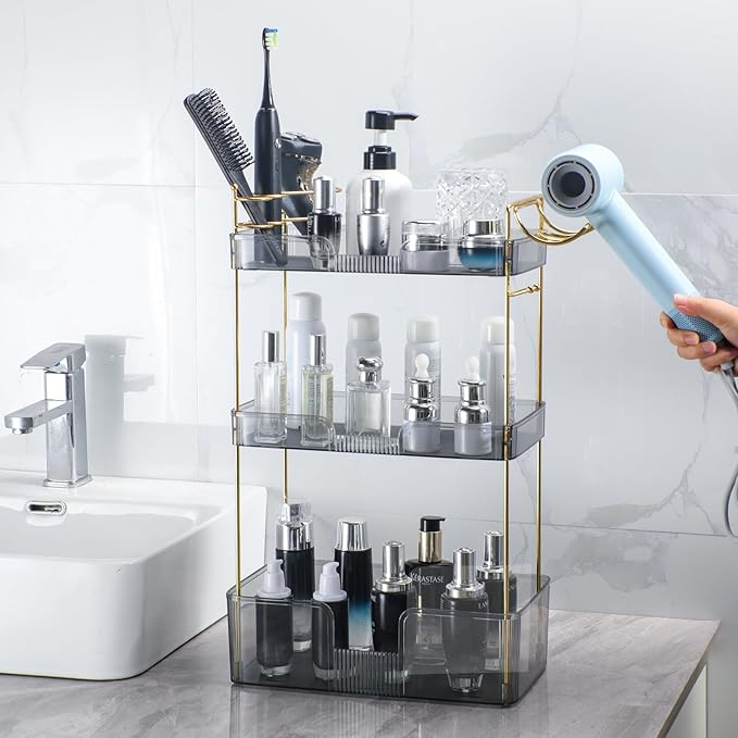 3 Tier Bathroom Organizer Countertop Makeup Perfume Tray Skincare Organizer Comes with Hair Dryer Rack and Toothbrush Holder for Bathroom Dresser Vanity (Grey)