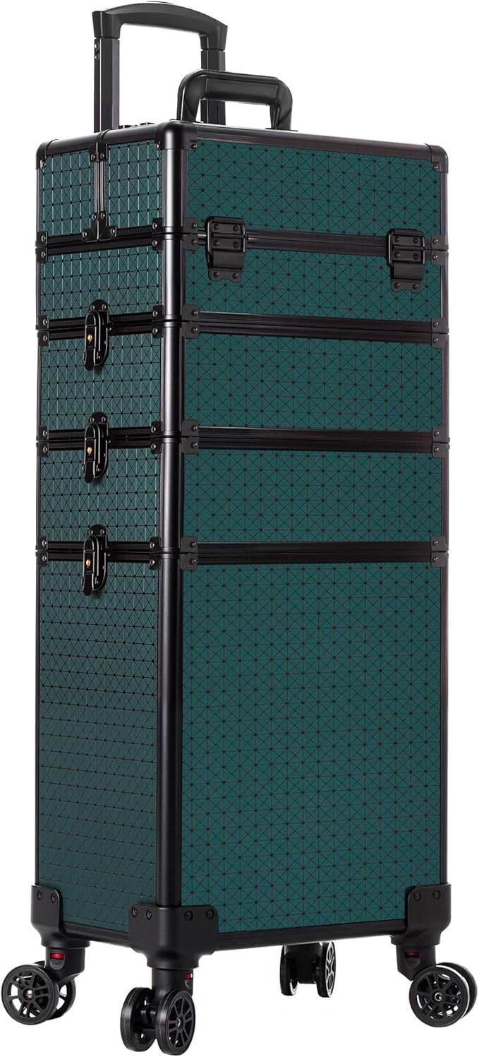 AROUS Rolling Makeup Train Case 4 in 1 Cosmetology Case on Wheels Large Storage Cosmetic Trolley with Key Salon Barber Case Traveling Cart Trunk, Green