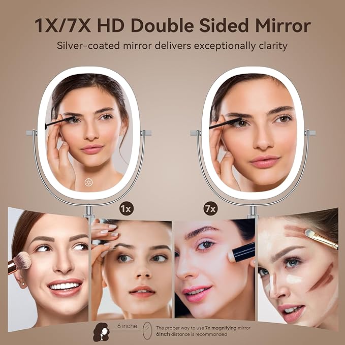 9″ Makeup Mirror with Lights, 7X Magnification, Height Adjustable Vanity Mirror, Rechargeable 3 Color Lighting Mode, 360° Swivel Double Sided Magnifying Mirror, Chrome, Gift for Women