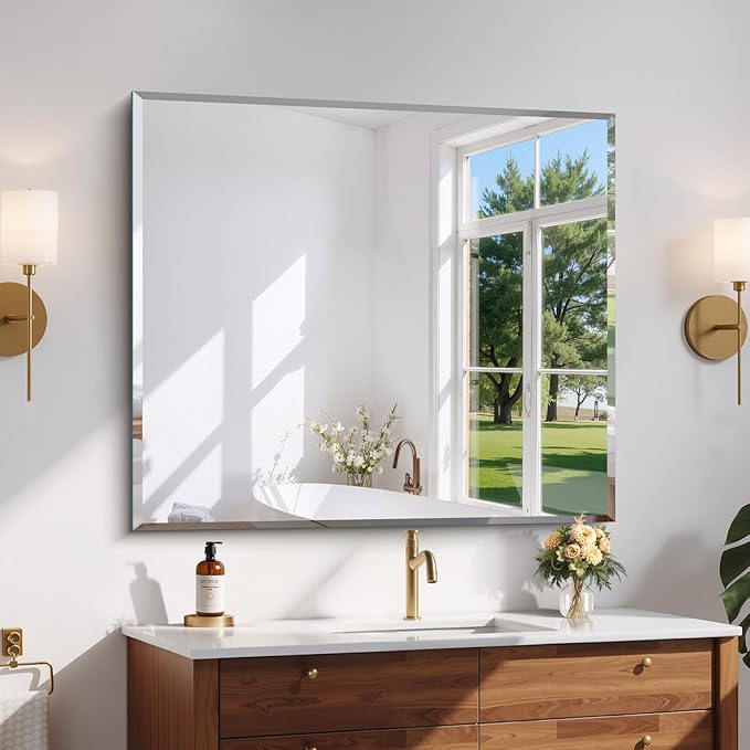 CILIBER Beveled Bathroom Mirror, 36x40 Inch Large Bathroom Mirrors for Over Sink, Upgraded Shatterproof Beveled Frameless Vanity Mirror for Bathroom,Bedroom,Living Room and Entryway