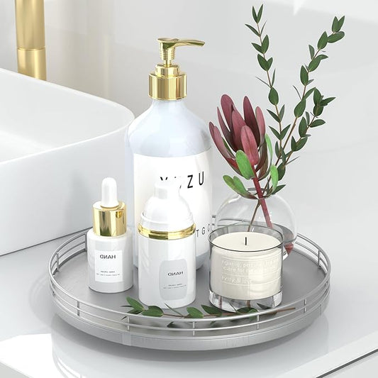 10" Silver Lazy Susan for Table Top, Oak Wood Lazy Susan Turntable Organizer for Dining Coffee Table Centerpiece Bar Decor Kitchen Countertop Bathroom Vanity Decorative Tray for Perfume Jewelry Round