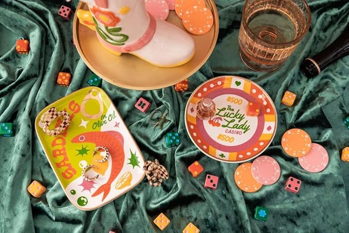 ban.do Novelty Trinket Tray, Ceramic Jewelry Dish, Small Decorative Tray for Keys or Decor, Cute Casino Chip Catchall Tray, Lucky Lady