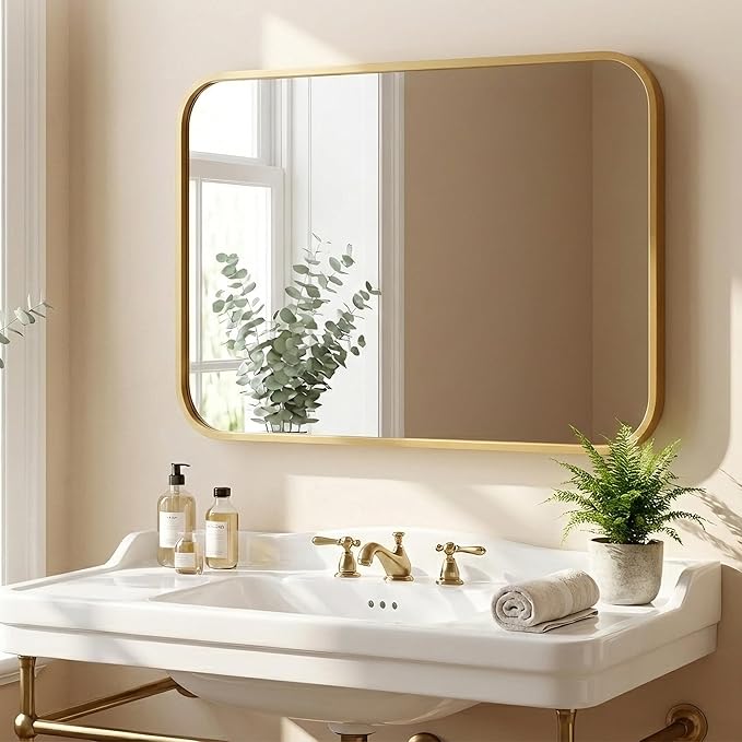 2 Pack Bathroom Mirrors for Over Sink, 24"x36" Gold Framed Vanity Mirror, Rounded Corner Rectangular Metal Mirror for Wall, Mid Century Modern Decor