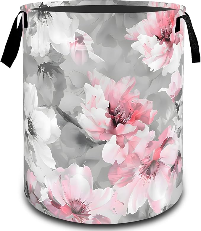 Peony Floral Pink White Flower Laundry Basket, Dirty Collapsible Clothes Toy Organizer Hamper for Kids Adults, Oxford Cloth Waterproof Storage Bin for Bathroom Home Decor Gifts, 19.7"X15.7"