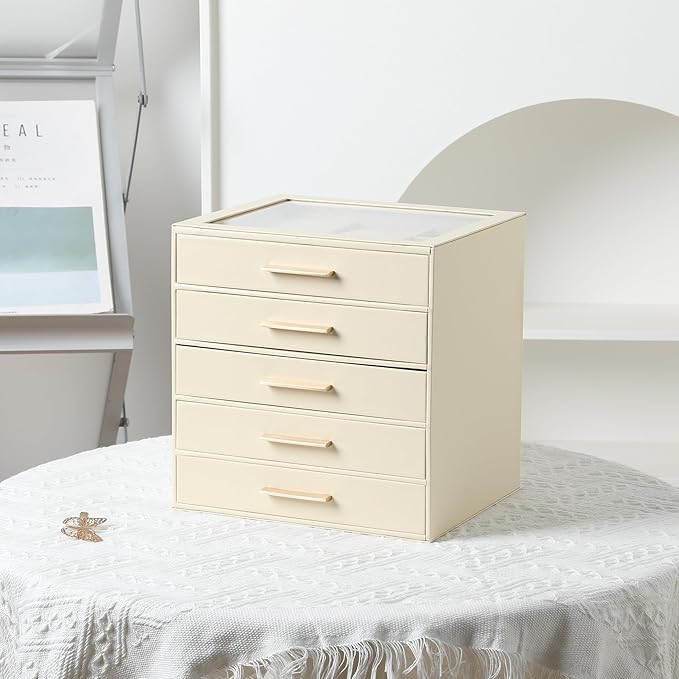 Frebeauty Clear Lid Jewelry Box,5-Layer Jewelry Organizer with Drawer,PU Leather Jewelry Organizers and Storage,Jewelry Boxes for Women,Jewelry Storage for Rings Earring Stud,Gift for Women(Beige)