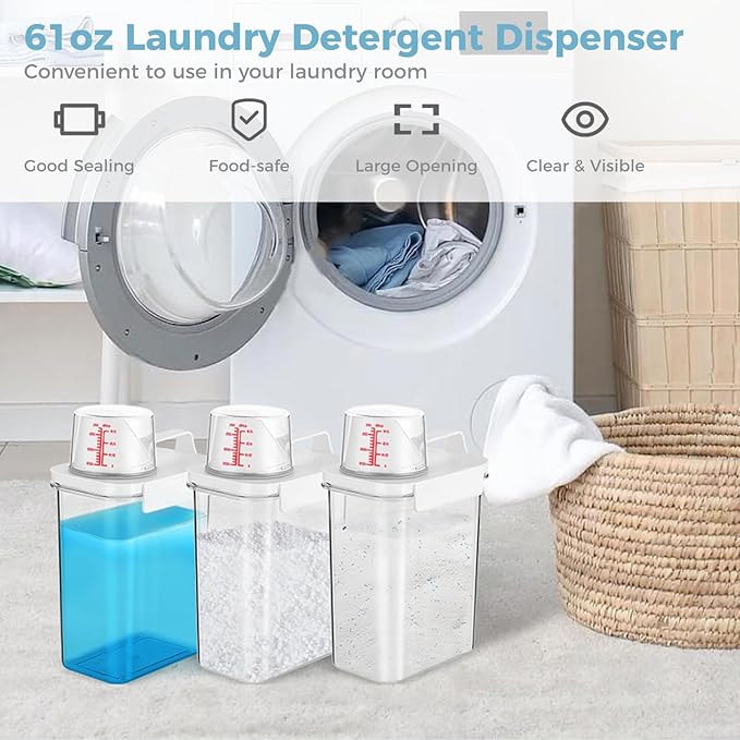 3 PCS Liquid Laundry Detergent Dispensers, 61oz Laundry Bead Dispenser, Clear Airtight Fabric Softener Container, Liquid Detergent Box for Laundry Room Organization and Storage with Measuring Cup