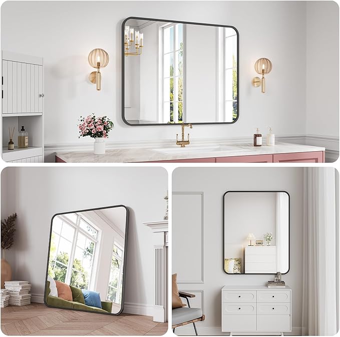 Koonmi Bathroom Mirror, 40X32 Brushed Black Metal Framed Wall-Mounted Mirror for Over Sink, HD Tempered Glass, Anti-Rust, Rounded Rectangle Mirror for Restroom, Bedroom, Hangs Horizontal or Vertical